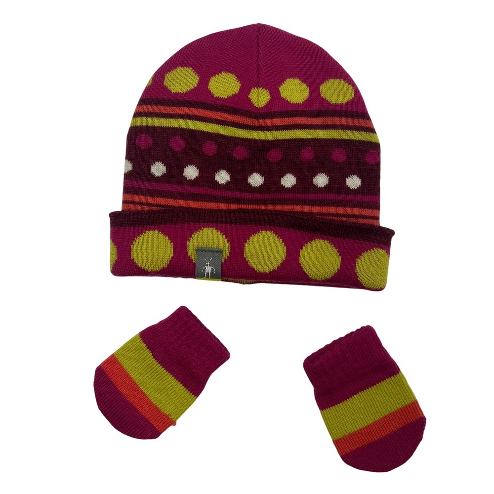Smartwool‎ Kids 100% Merino Wool Pink Green Polka Dot Beanie & Mittens Set 6-12M